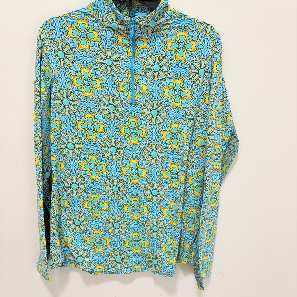 IBKÜL Floral Mock Neck 1/4 Zip‎ Pullover Blue Small UPF 50 Sun Shirt